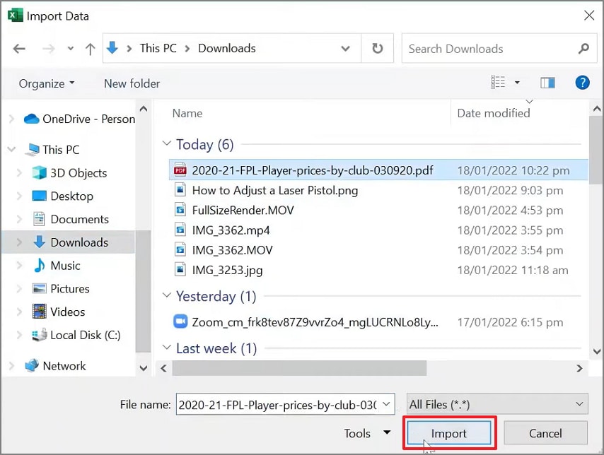 import the pdf in excel